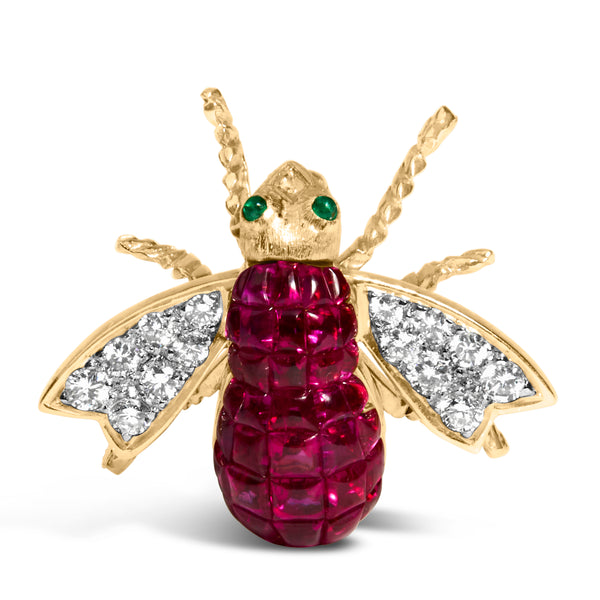 18K Yellow Gold 3/8 Cttw Diamond and 6 3/4 Cttw Red Ruby Bumblebee Brooch Pin (F-G Color, VS2-SI1 Clarity)