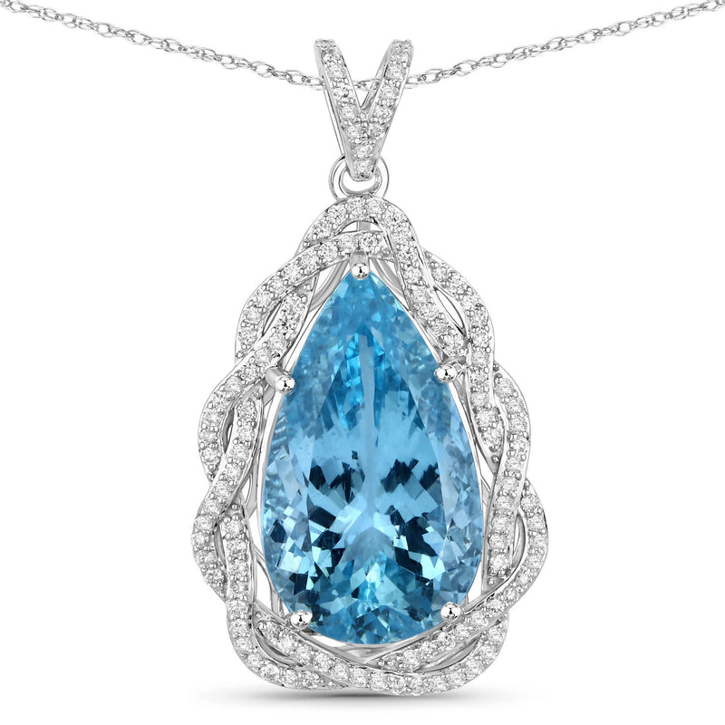 11.90 Carat Genuine Aquamarine and White Diamond 14K White Gold Pendant