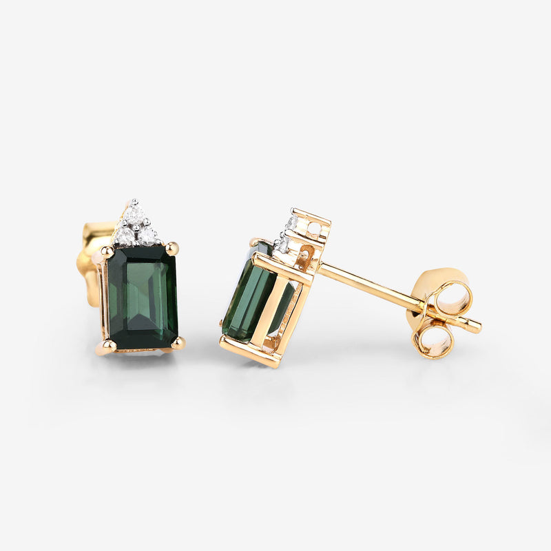 1.25 Carat Genuine Green Tourmaline and White Diamond 14K Yellow Gold Earrings