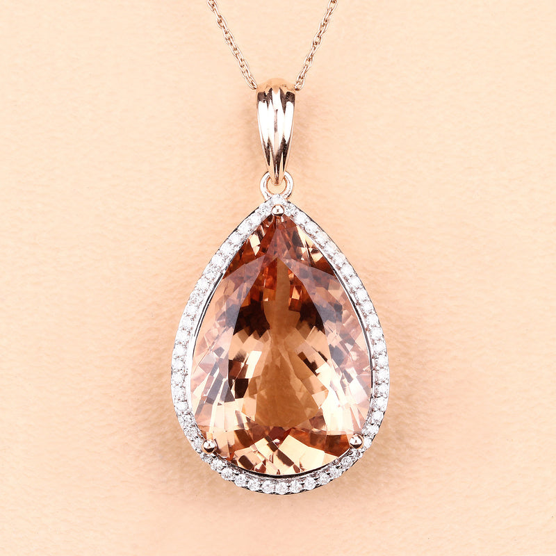 15.48 Carat Genuine Morganite and White Diamond 14K Rose Gold Pendant