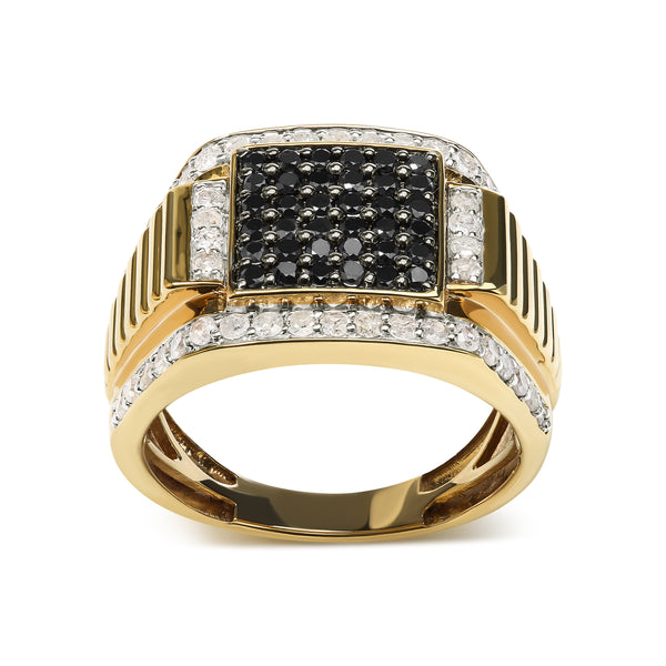 Men's 10K Yellow Gold 1 1/2 Cttw White and Black Treated Diamond Cluster Ring (Black / I-J Color, I2-I3 Clarity) - Size 10