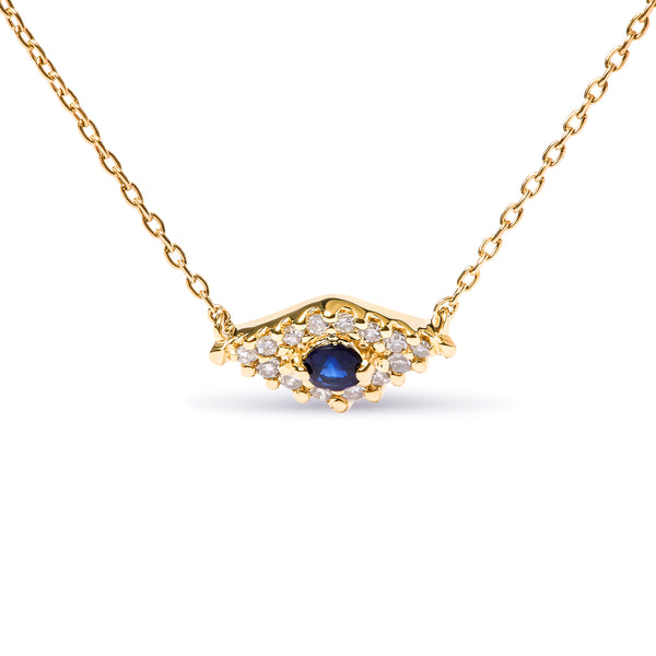 10K Yellow Gold Blue Sapphire and Diamond Accented Evil Eye 18" Inch Pendant Necklace (H-I Color, I1-I2 Clarity)