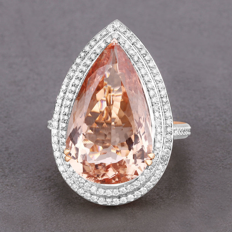 12.66 Carat Genuine Morganite and White Diamond 14K Rose Gold Ring