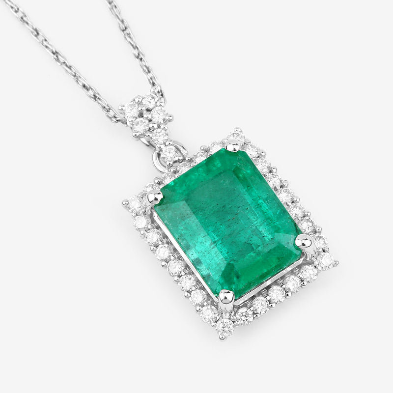 IGI Certified 3.11 Carat Genuine Zambian Emerald and White Diamond 14K White Gold Pendant