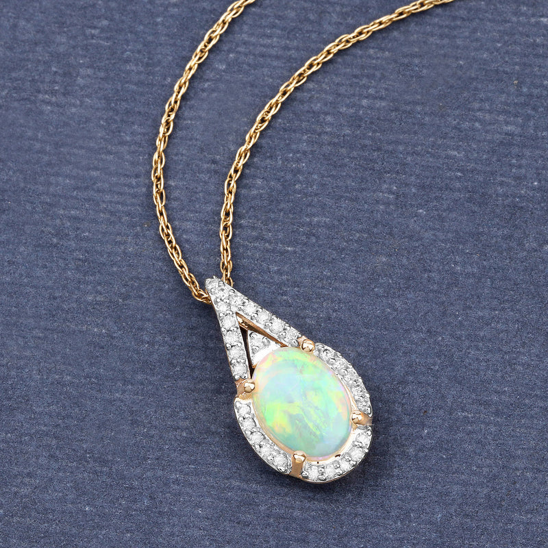 0.70 Carat Genuine White Opal and White Diamond 14K Yellow Gold Pendant