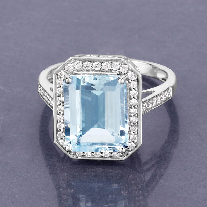 4.69 Carat Genuine Aquamarine and White Diamond 14K White Gold Ring