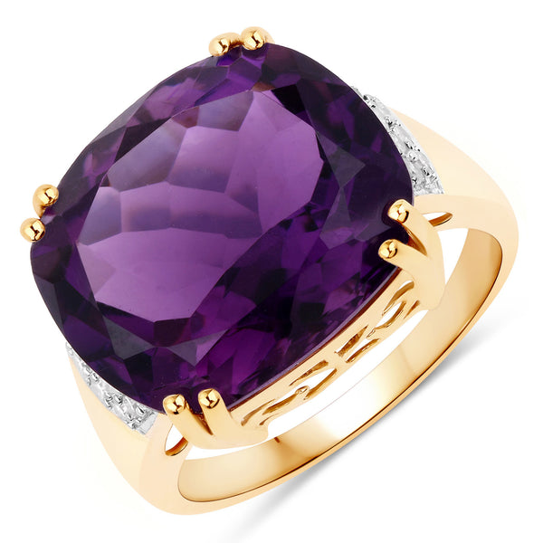 11.42 Carat Genuine Amethyst and White Diamond 14K Yellow Gold Ring