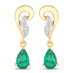 0.73 Carat Genuine Zambian Emerald And White Diamond 10K Yellow Gold Earrings