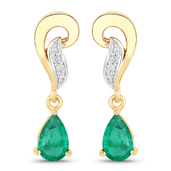 0.73 Carat Genuine Zambian Emerald And White Diamond 10K Yellow Gold Earrings