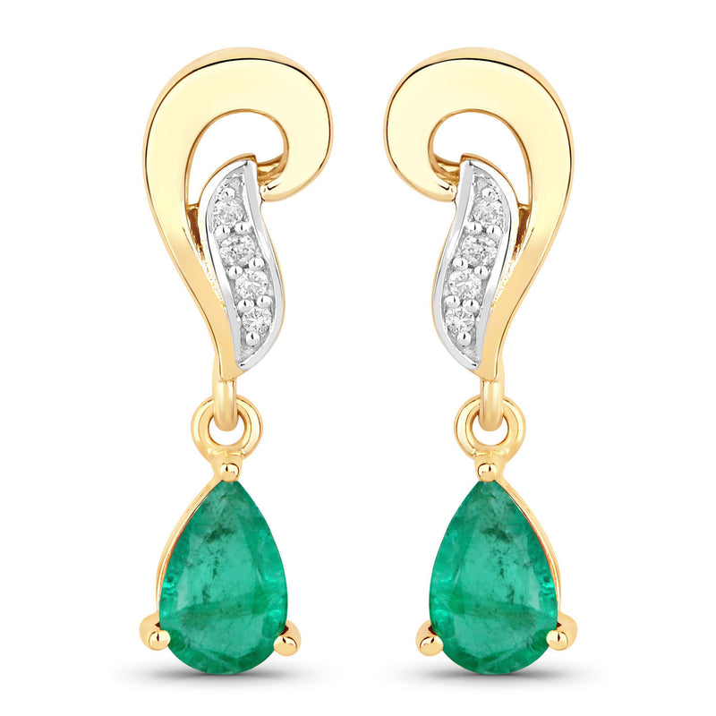 0.73 Carat Genuine Zambian Emerald And White Diamond 10K Yellow Gold Earrings