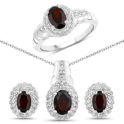 2.80 Carat Genuine Garnet and White Topaz .925 Sterling Silver Jewelry Set (Ring, Earrings, and Pendant w/ Chain)