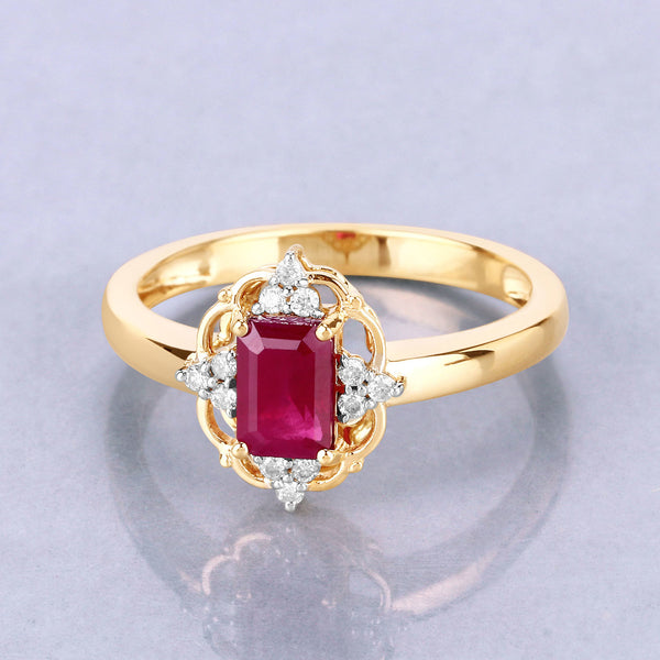 0.94 Carat Genuine Ruby and White Diamond 14K Yellow Gold Ring