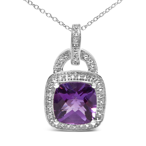 .925 Sterling Silver 10X10 MM Cushion Purple Amethyst and Diamond Accent Halo 18" Pendant Necklace (I-J Color, I1-I2 Clarity)