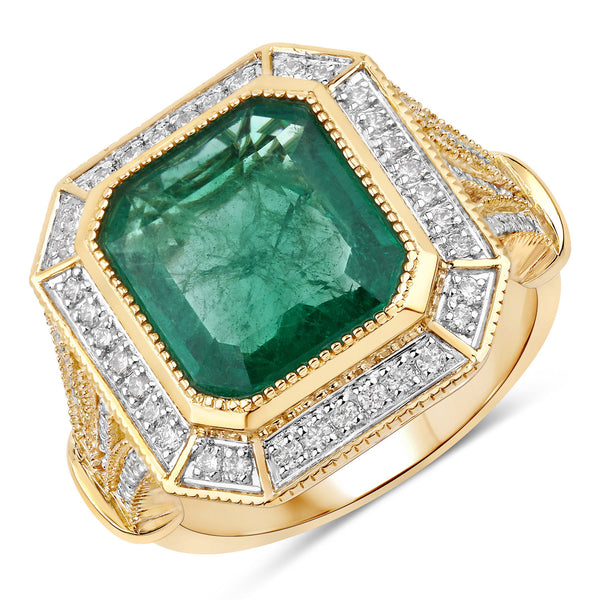 IGI Certified 4.57 Carat Genuine Zambian Emerald and White Diamond 14K Yellow Gold Ring