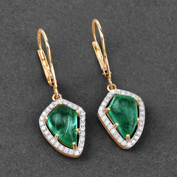 6.15 Carat Genuine Colombian Emerald and White Diamond 14K Yellow Gold Earrings