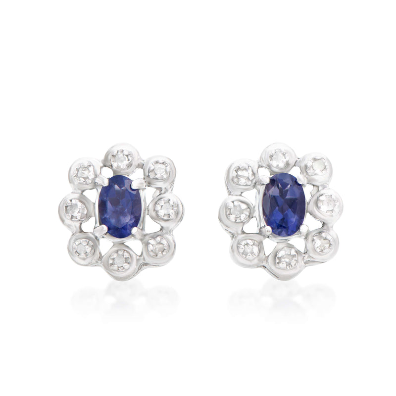 Rodium Plated 925 Sterling Silver Iolite 0.12 Diamond Earrings for Women