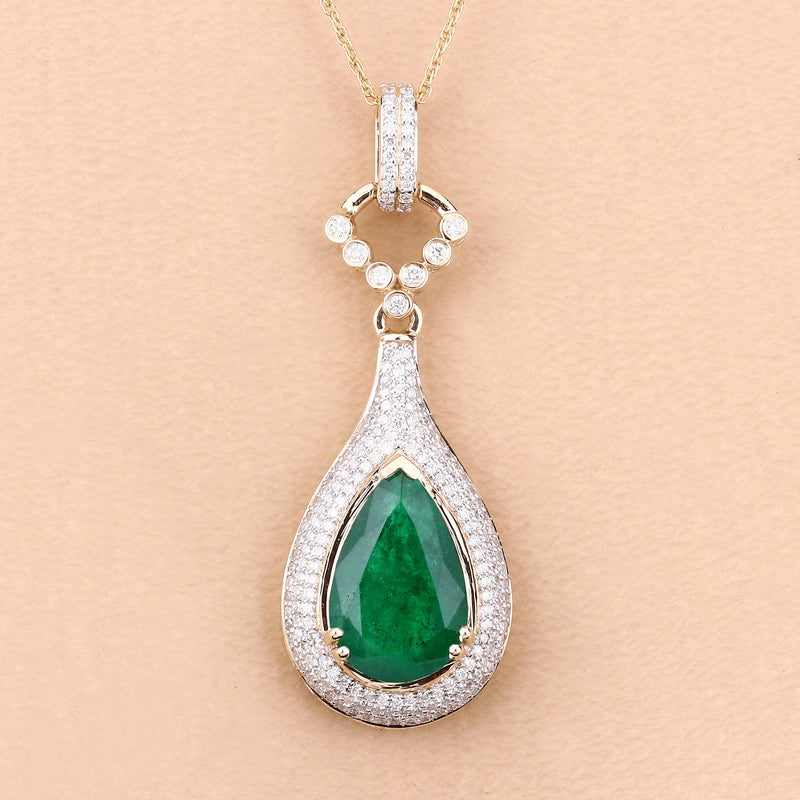 IGI Certified 4.30 Carat Genuine Zambian Emerald and White Diamond 14K Yellow Gold Pendant