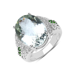 8.54 Carat Genuine Green Amethyst, Chrome Diopside and White Topaz .925 Sterling Silver Ring