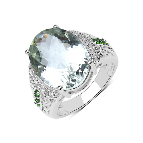 8.54 Carat Genuine Green Amethyst, Chrome Diopside and White Topaz .925 Sterling Silver Ring