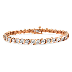 14K Rose Gold Plated .925 Sterling Silver 1/10 Cttw Diamond Round Miracle Plate and "S" Link Tennis Bracelet (I-J Color, I2- I3 Clarity) - 7"