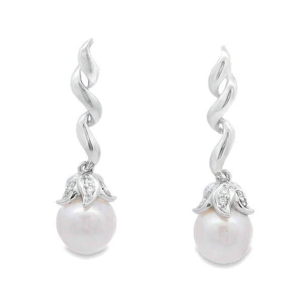 .03ct FW Pearl Diamond Dangle Earrings 14KT White Gold