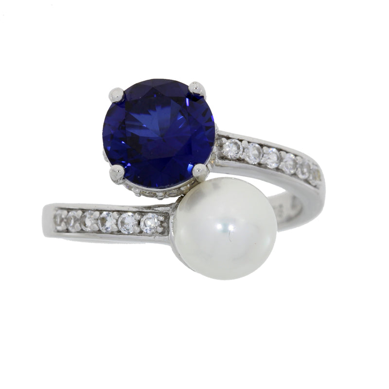 Created Sapphire Fresh Water Pearl Ring Sterling Silver