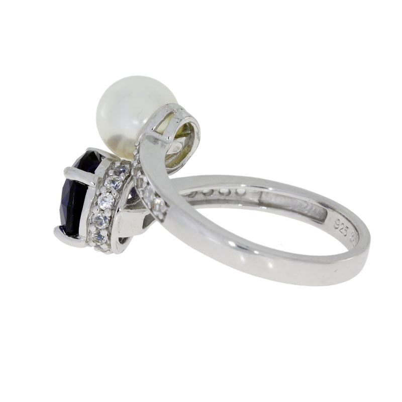 Created Sapphire Fresh Water Pearl Ring Sterling Silver