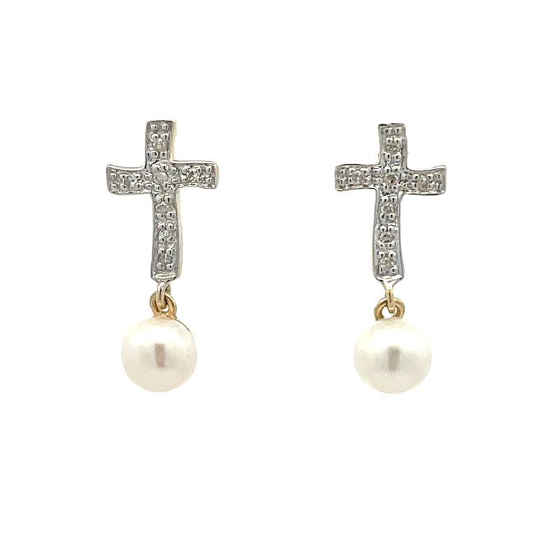 .02ct FW Pearl Diamond Earrings 10KT Yellow Gold