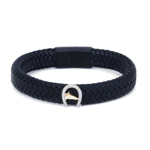 "Braided Leather Bracelet with Genuine Diamond, 14K Gold Horse Shoe with Diamonds