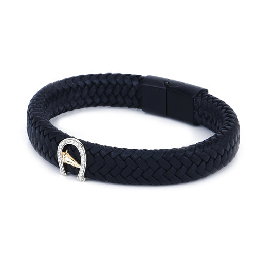 "Braided Leather Bracelet with Genuine Diamond, 14K Gold Horse Shoe with Diamonds
