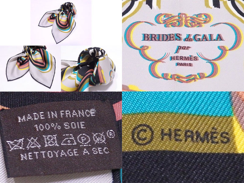Hermes Scarf Petit Carre BRIDES de GALA Greige Black Multicolor 100% Silk Ladies