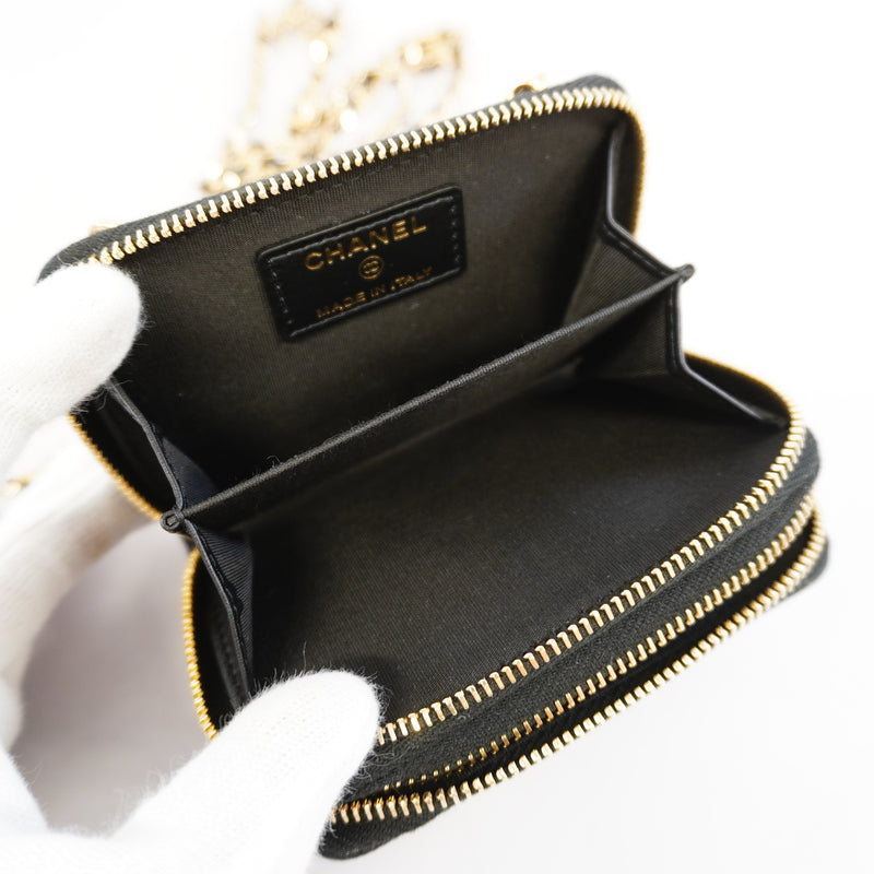 Auth Chanel Chain Wallet Matrasse Caviar Skin Black Gold Metal
