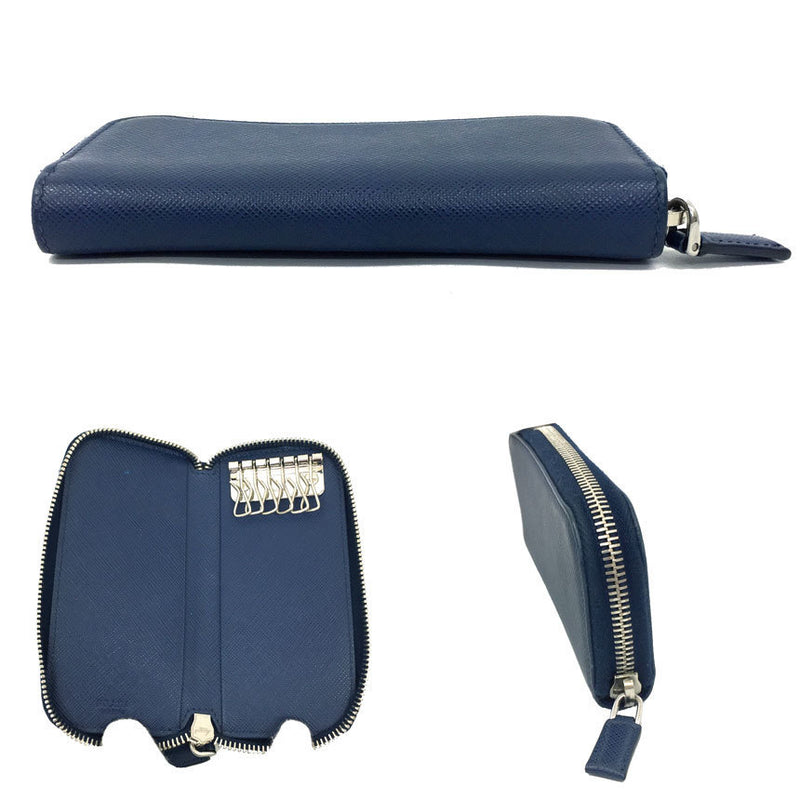 Prada Round Fastener Key Case 6 Saffiano Leather Navy Mens Womens