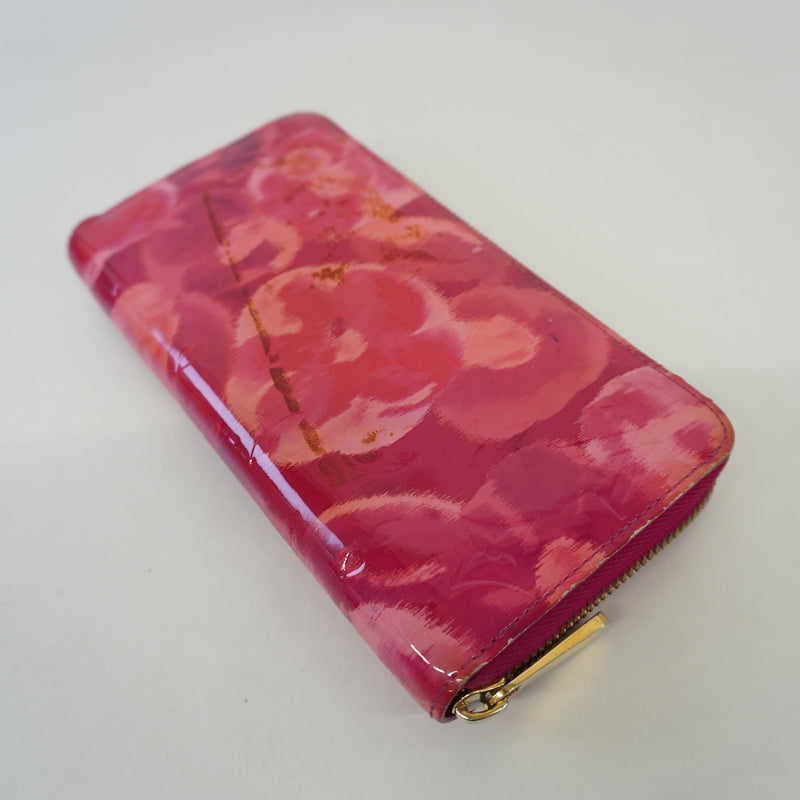 Auth Louis Vuitton Purse Monogram Verni Ikat Flower Zippy Wallet M90019 Rose Andian