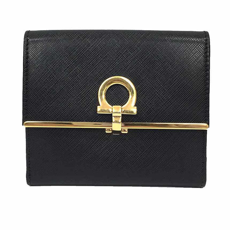 Salvatore Ferragamo Folded Wallet 224639 Gancio Leather Black Ladies