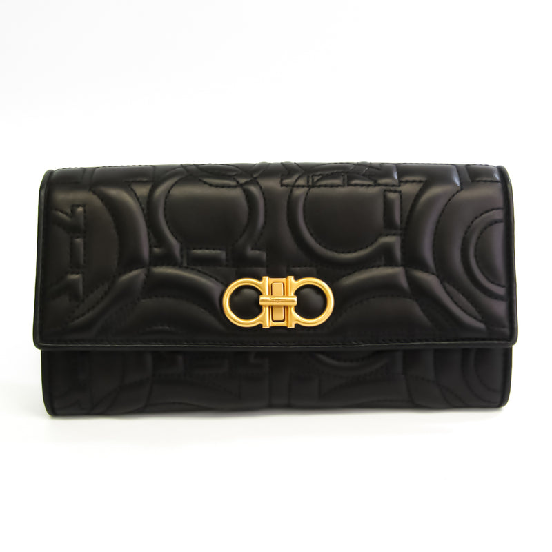 Salvatore Ferragamo Gancini 22 D334/00 Womens Calfskin Long Wallet (bi-fold) Black