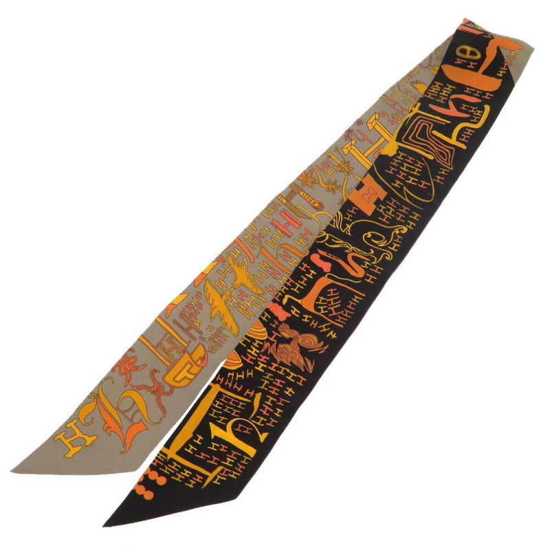 Hermes H Pattern Twilly Silk Black Orange Gray Scarf
