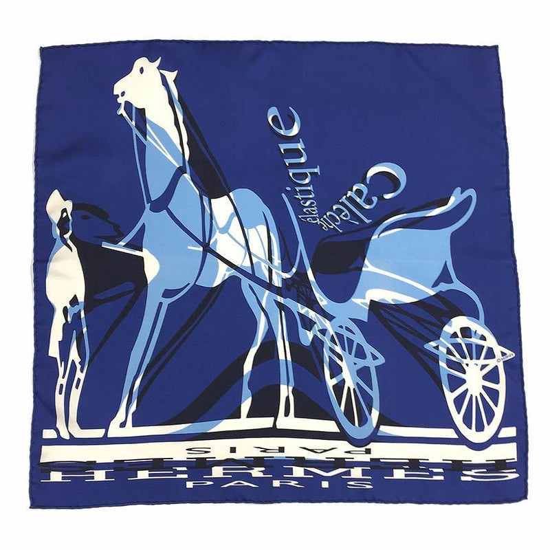 HERMES Hermes Carre 45 42 Petit Scarf Muffler Caleche Elastique Carriage Elastic Pattern Blue 100% Silk