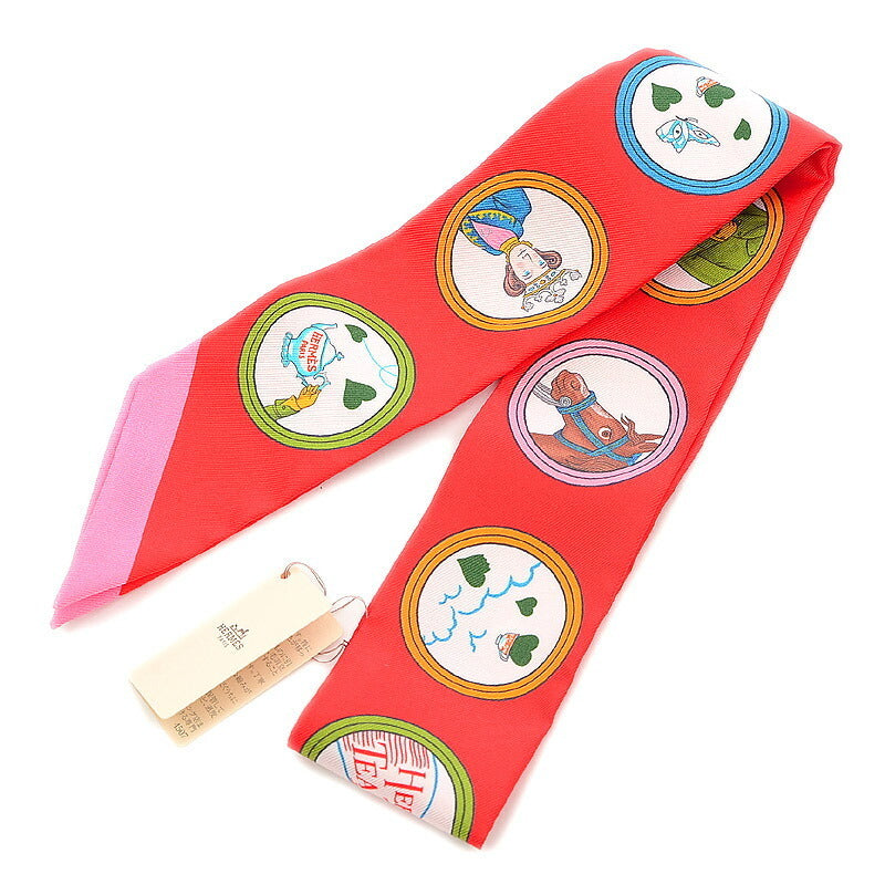 Hermes Twilly Tea Time TEA TIME Heart Rouge Viff Multicolor 100% Silk Scarf