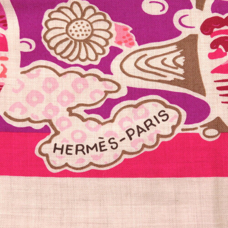 Hermes Calegean 140 Bingata Cashmere Silk Fuchsia Natural Stole Muffler