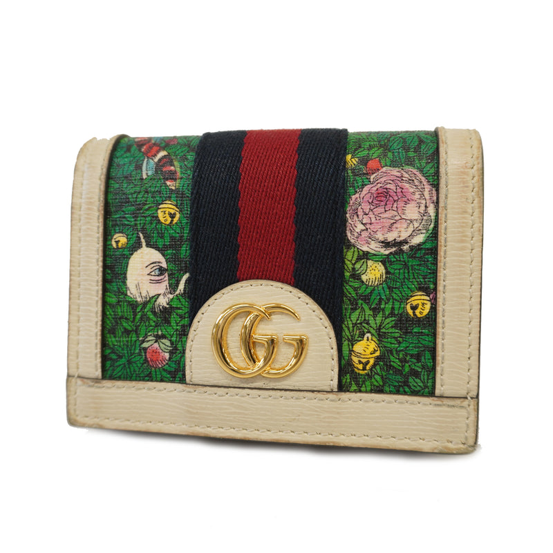 Auth Gucci Bi-Fold Wallet Japan Limited Higuchi Yuko Collaboration 523155 Leather Green / Ivory Gold Metal