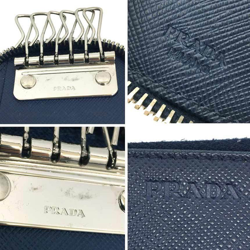 Prada Round Fastener Key Case 6 Saffiano Leather Navy Mens Womens