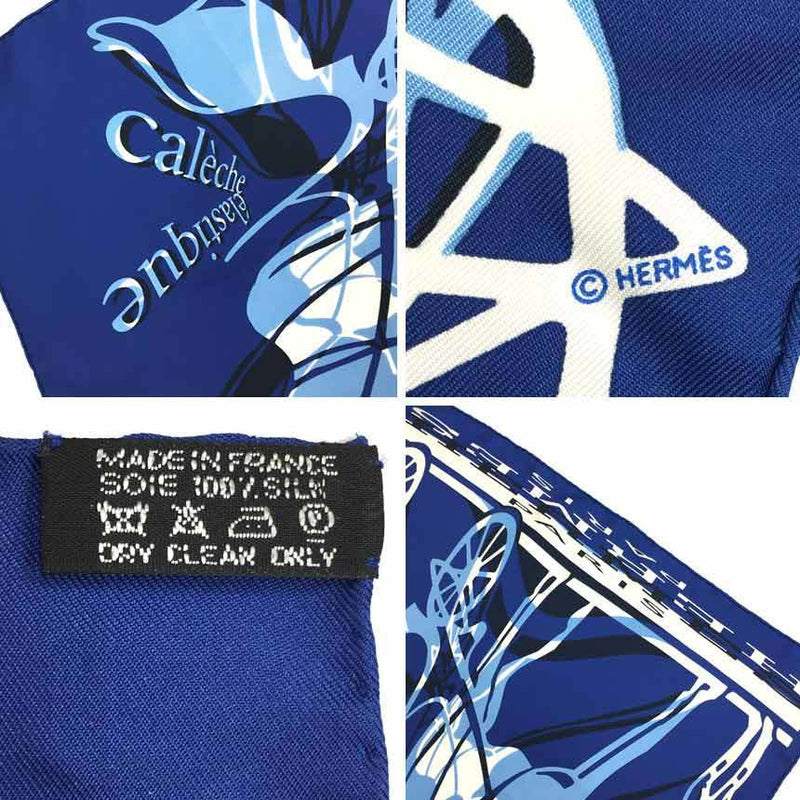 HERMES Hermes Carre 45 42 Petit Scarf Muffler Caleche Elastique Carriage Elastic Pattern Blue 100% Silk