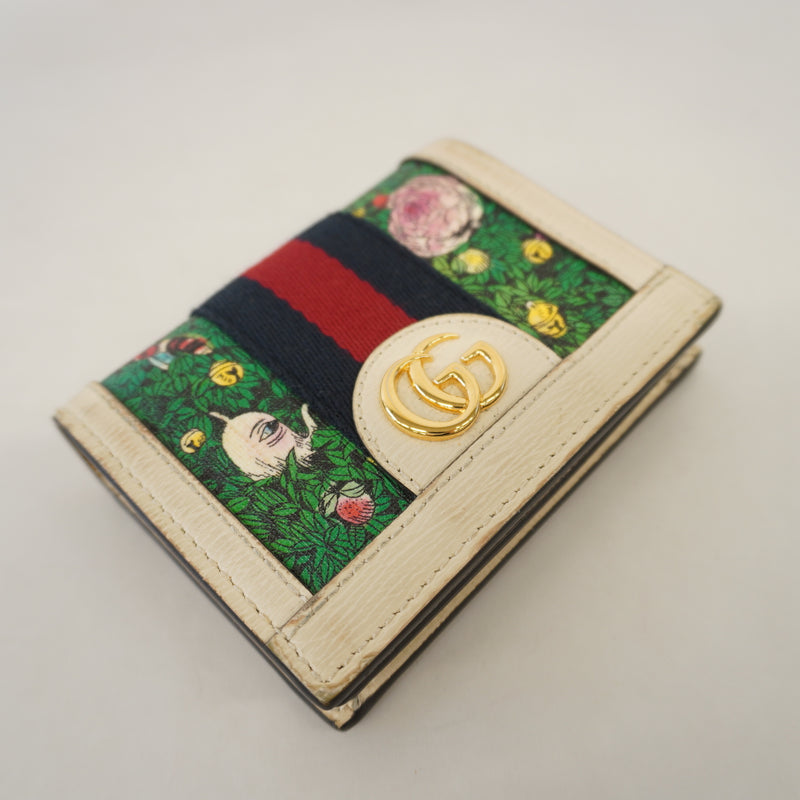 Auth Gucci Bi-Fold Wallet Japan Limited Higuchi Yuko Collaboration 523155 Leather Green / Ivory Gold Metal