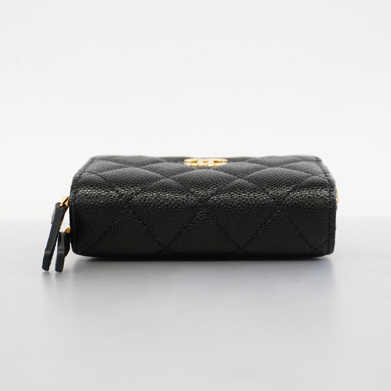 Auth Chanel Chain Wallet Matrasse Caviar Skin Black Gold Metal