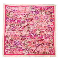 Hermes Calegean 140 Bingata Cashmere Silk Fuchsia Natural Stole Muffler