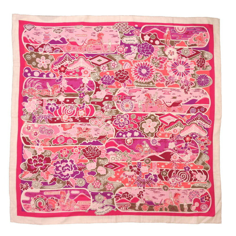 Hermes Calegean 140 Bingata Cashmere Silk Fuchsia Natural Stole Muffler