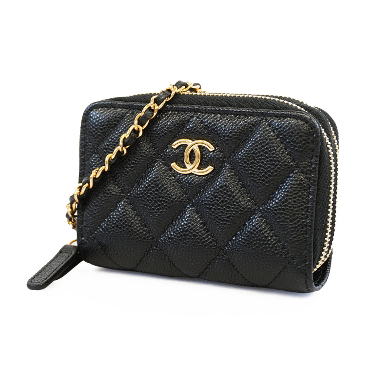 Auth Chanel Chain Wallet Matrasse Caviar Skin Black Gold Metal