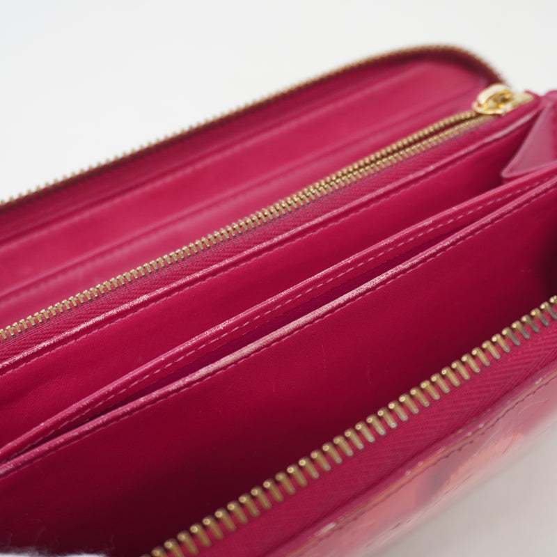 Auth Louis Vuitton Purse Monogram Verni Ikat Flower Zippy Wallet M90019 Rose Andian