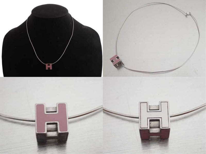 Hermes HERMES Necklace H Cube Cage Dash Silver Light Pink Enamel Pendant Ladies